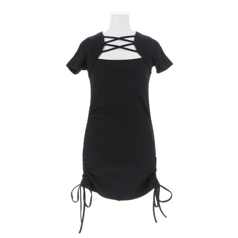 8/22新作!レースアップサイドギャザーリボン半袖ニットワンピース[カジュアル/dazzy closet](ブラック-フリーサイズ)