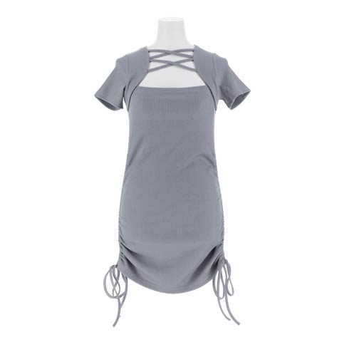 8/22新作!レースアップサイドギャザーリボン半袖ニットワンピース[カジュアル/dazzy closet](ブルーグレー-フリーサイズ)