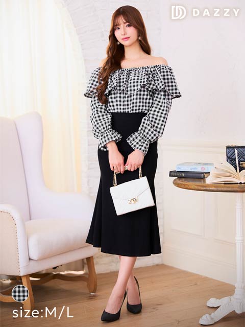[MLサイズ]ギンガムチェックフリルブラウス&マーメイドスカートセットアップ[2サイズ展開][カジュアル/dazzy closet]