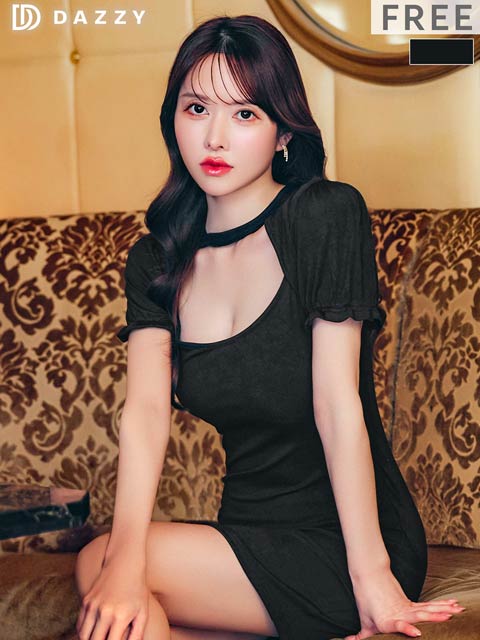 11/7新作!パフスリーブデコルテカットタイトミニワンピース[カジュアル/dazzy closet]