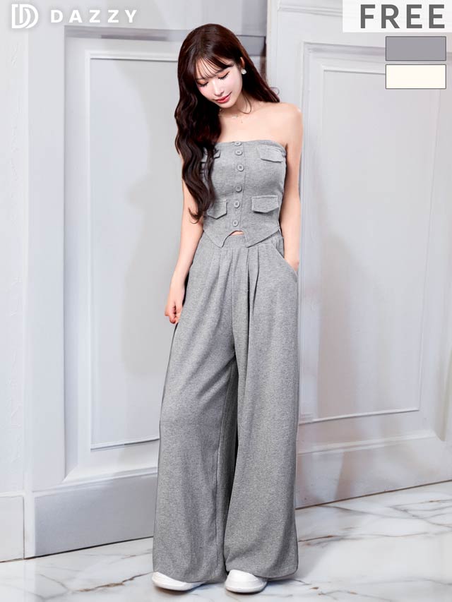 3/27新作!美脚ワイドパンツでスタイルUP♪フロントボタンベアトップのセットアップ[カジュアル/dazzy closet]