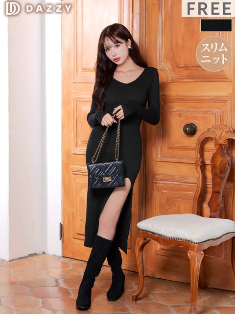 3/2新作!大胆スリットで脚魅せワンカラーＶネックリブニットワンピース[カジュアル/dazzy closet]