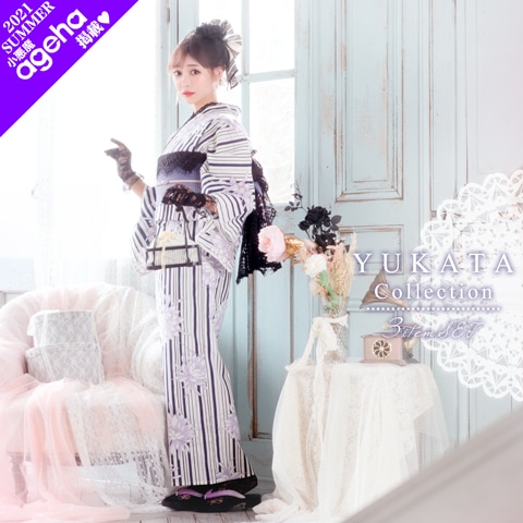 縞地に白群菊浴衣 【2020年新作/YUKATA by dazzy】
