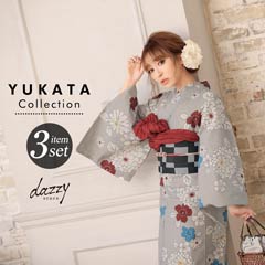☆いやし様2点お纏め☆超インパクト＊赤黒＊大輪菊の＊浴衣コーデset 3点SET] 灰色地にモダン菊浴衣 【2020年新作/YUKATA by dazzy