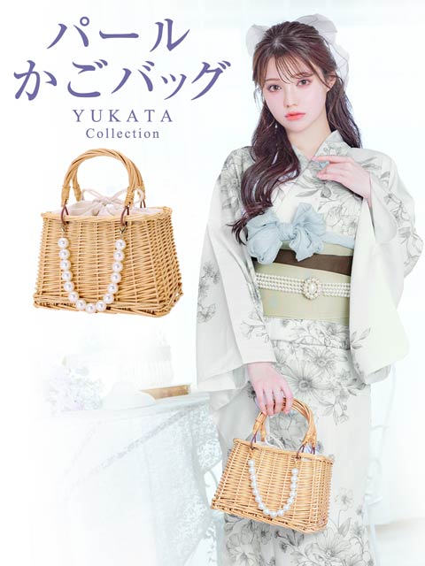 [単品] スクエア型巾着口パールチェーン付きハンドかごバッグ【2025年再入荷/YUKATA by dazzy】