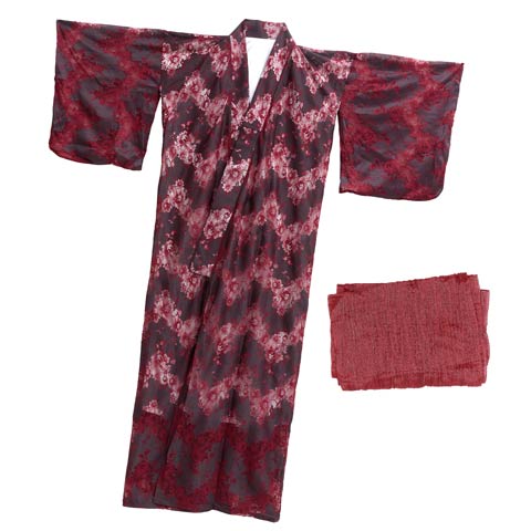 [3点SET]dazzyオリジナル配色透かしレース浴衣【2025年再入荷YUKATA by dazzy】(ブラック×レッド-フリー)