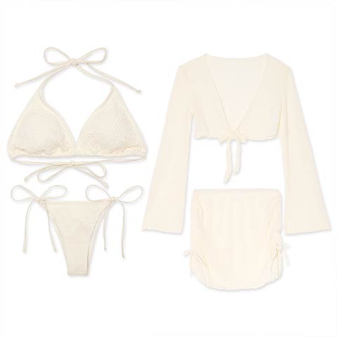 [4点SET]シアーメッシュリボン長袖ビキニ/水着【dazzy beach/2025ビキニ】(アイボリー-Sサイズ)