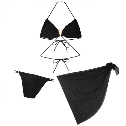 [3点SET]Vカットビジューチュールパレオビキニ/水着【dazzy beach/2025ビキニ】(ブラック-Sサイズ)
