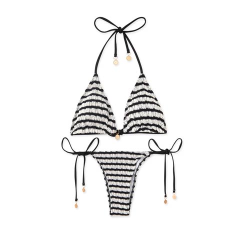 [2点SET]ボーダーシャーリングビキニ/水着【dazzy beach/2025ビキニ】(ホワイト×ブラック-Sサイズ)