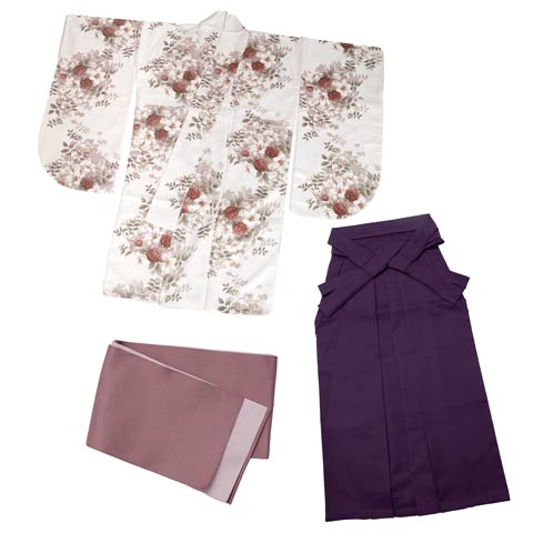 [3点SET]百合×くすみ牡丹柄二尺袖・袴(ホワイト×パープル-Sサイズ)