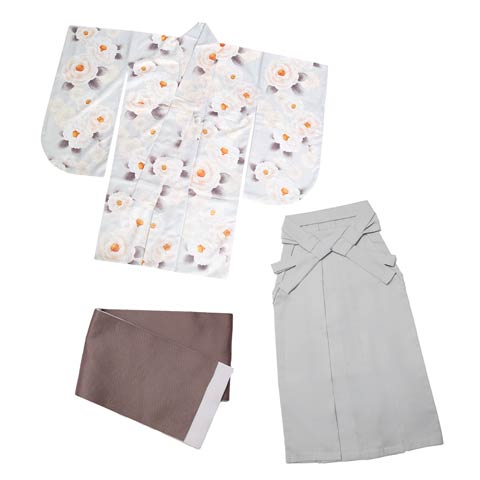 [3点SET]レトロ牡丹×椿柄二尺袖・袴(ホワイト×ライトグレー-Sサイズ)