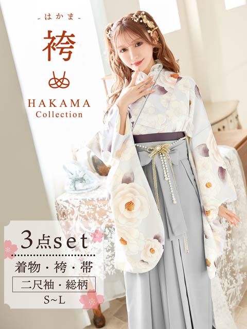 [3点SET]レトロ牡丹×椿柄二尺袖・袴
