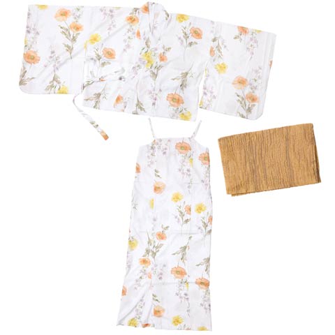 [ワンピース浴衣] 白地×パステルポピー柄浴衣[4点SET]【YUKATA by dazzy 2025】(ホワイト×イエロー-フリーサイズ)