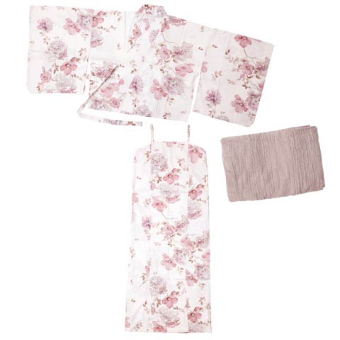 [ワンピース浴衣] 白地×芍薬野薔薇柄[4点SET]【YUKATA by dazzy 2025】(ホワイト×ダスティピンク-フリーサイズ)