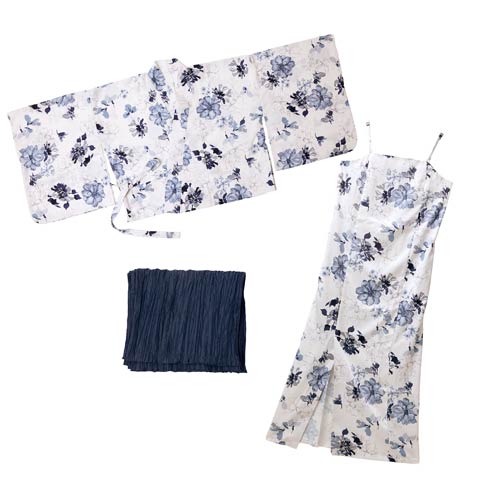 [ワンピース浴衣] 青紺ガーベラ×シルエット花柄[4点SET]【YUKATA by dazzy 2025】(ホワイト×ネイビー-フリーサイズ)