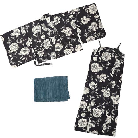[ワンピース浴衣] 漆黒×レトロ白薔薇柄[4点SET]【YUKATA by dazzy 2025】(ブラック×ブルーグリーン-フリーサイズ)