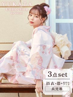4/30新作![3点SET]淡桃水彩チューリップ柄浴衣【2025年新作/YUKATA by dazzy】