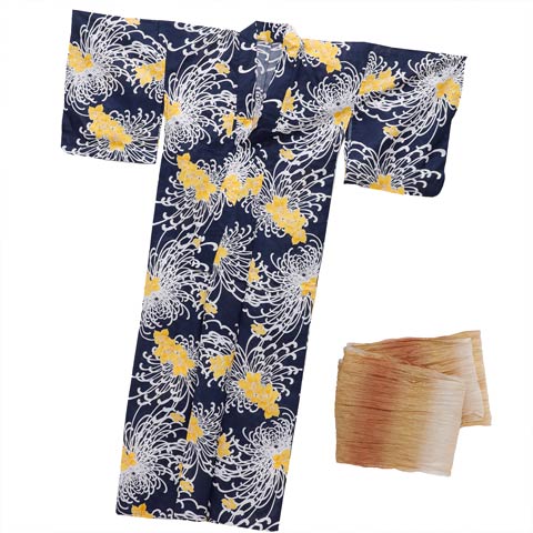 [3点SET]濃紺×乱れ菊柄浴衣【YUKATA by dazzy 2025】(ネイビー×イエロー-フリー)
