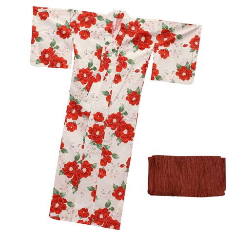 [2点SET]白地×ビビット紅椿柄浴衣【YUKATA by dazzy 2025】(ホワイト×レッド-フリーサイズ)