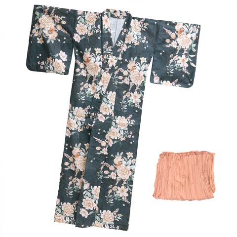 [2点SET]緑地×レトロ淡薔薇柄浴衣【YUKATA by dazzy 2025】(ダークグリーン×サーモンピンク-フリーサイズ)