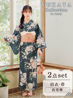 [2点SET]緑地×レトロ淡薔薇柄浴衣【YUKATA by dazzy 2025】