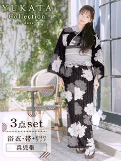 4/14新作!濃紺縦縞×淡牡丹柄浴衣【2025年新作/YUKATA by dazzy】≪ポイント17倍≫
