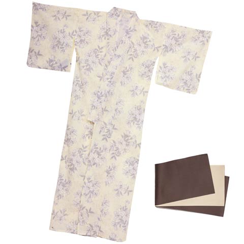 [2点SET]薄黄色×線画つつじ柄浴衣【YUKATA by dazzy 2025】(ライトイエロー×ブラウン-フリーサイズ)