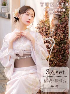 4/14新作!淡茶×白薔薇柄浴衣【2025年新作/YUKATA by dazzy】≪ポイント17倍≫