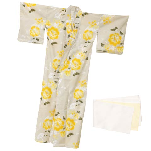 4/14新作!レトロモダン黄色芙蓉柄浴衣【2025年新作/YUKATA by dazzy】≪ポイント17倍≫(グレー×アイボリー-フリーサイズ)