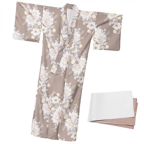 [3点SET]ダスティー白薔薇牡丹柄浴衣【YUKATA by dazzy 2025】(ベージュ×アイボリー-フリー)