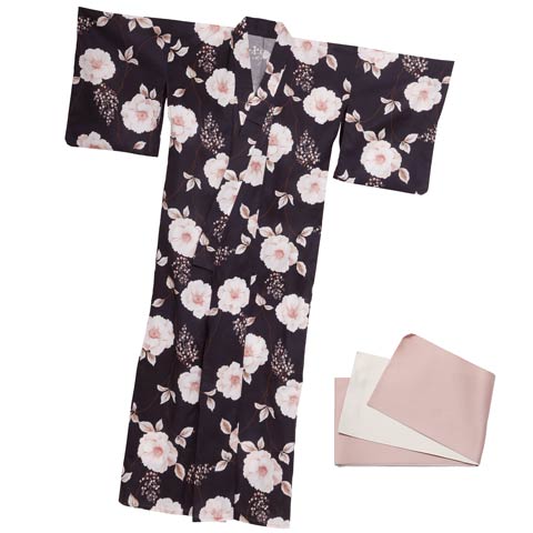 [3点SET]濃紺クリスマスローズ柄浴衣【YUKATA by dazzy 2025】(ネイビー×ライトピンク-フリーサイズ)