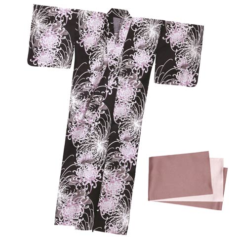 [3点SET]淡紫乱菊柄浴衣【YUKATA by dazzy 2025】(ブラック×ライトパープル-フリー)