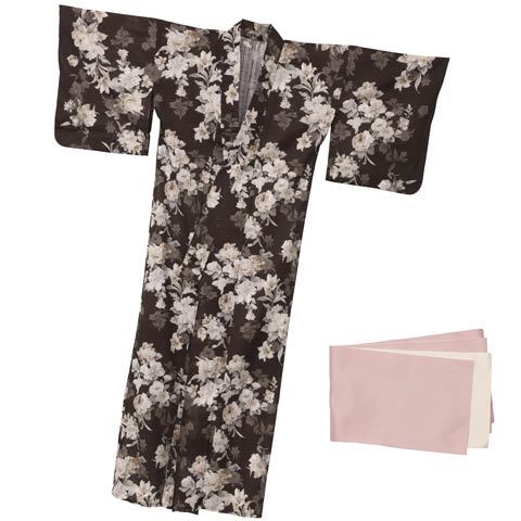 [2点SET]褐色地×クラシック花柄柄浴衣【YUKATA by dazzy 2025】(ブラウン×ライトピンク-フリーサイズ)