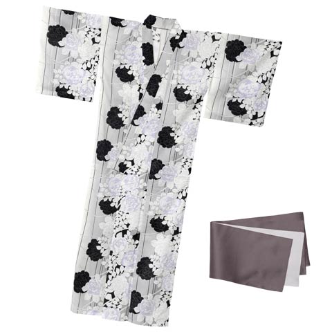 [3点SET]グラデーション縦縞×薔薇柄浴衣【YUKATA by dazzy 2025】(グレー×チャコールグレー-フリーサイズ)