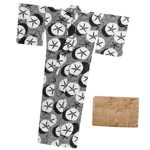 [3点SET]モノトーンレトロ朝顔柄浴衣【YUKATA by dazzy 2025】(ブラック×マスタード-フリーサイズ)