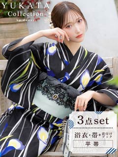 4/30新作![3点SET]モダン縦縞×青百合柄浴衣【2025年新作/YUKATA by dazzy】