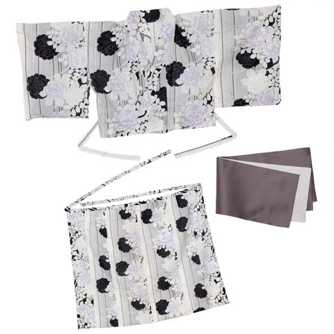 [セパレート浴衣] グラデーション縦縞×薔薇柄浴衣[4点SET]【YUKATA by dazzy 2025】(グレー×チャコールグレー-フリー)