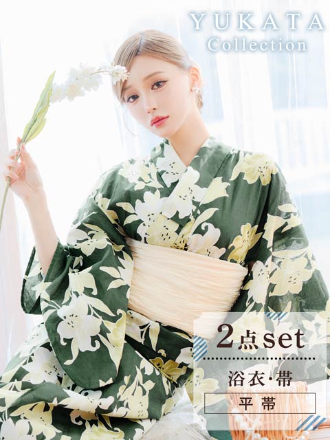 4/23新作![2点SET]緑地×ユリ柄浴衣【2026年新作/YUKATA by dazzy】