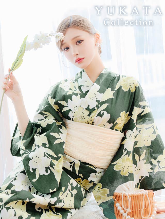 4/23新作![2点SET]緑地×ユリ柄浴衣【2026年新作/YUKATA by dazzy】