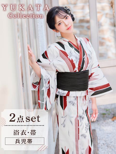 4/23新作![2点SET]矢絣×モノトーンユリ柄浴衣【2026年新作/YUKATA by dazzy】