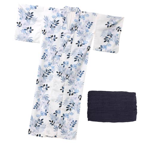 4/23新作![2点SET]白地×ボタニカル柄浴衣【2026年新作/YUKATA by dazzy】(ホワイト×ブルー-フリーサイズ)