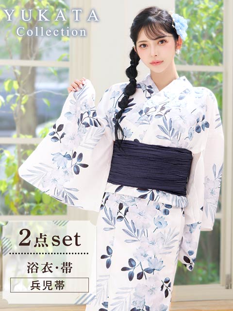 4/23新作![2点SET]白地×ボタニカル柄浴衣【2026年新作/YUKATA by dazzy】