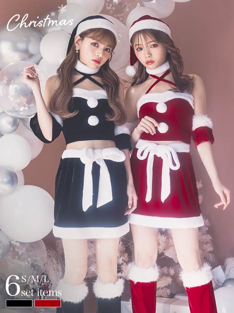 [6点SET]サンタクロストップス＆リボン付きタイトスカートセット【2022クリスマス/コスプレ】