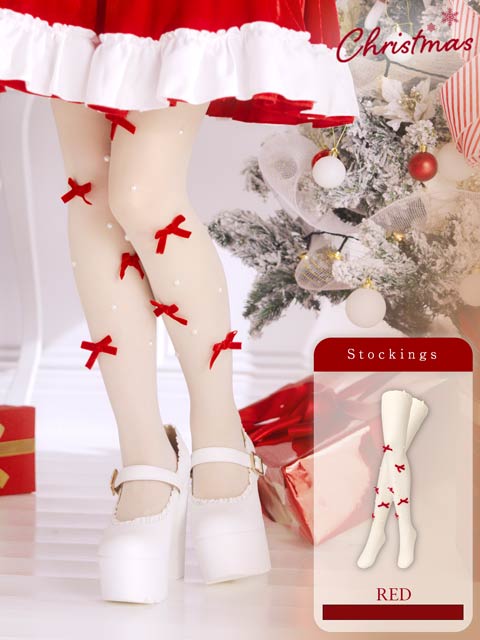11/13新作!大きめ赤リボンにパールがちりばめられたCUTEなストッキング【2025サンタ/コスプレ】