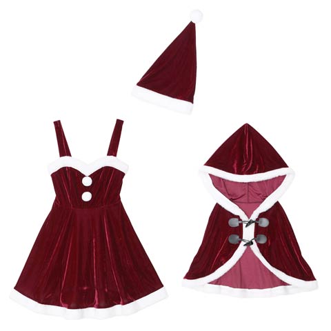 11/13再販![3点SET]ポンチョ&Aラインワンピースクリスマスコスチューム【2025サンタ/コスプレ】★(ワインレッド-Sサイズ)