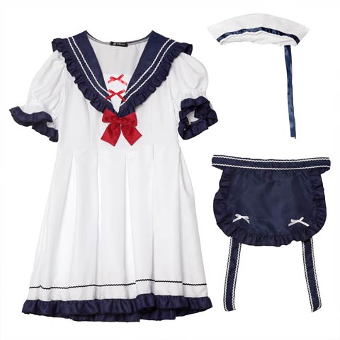 [4点SET]マリンセーラーメイドコスチューム【2025ハロウィン/コスプレ】(ホワイト×ネイビー-フリーサイズ)