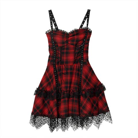 ゴシックパンクファンキーガールワンピースコスチューム【2025ハロウィン/コスプレ】(レッドXブラック-フリーサイズ)