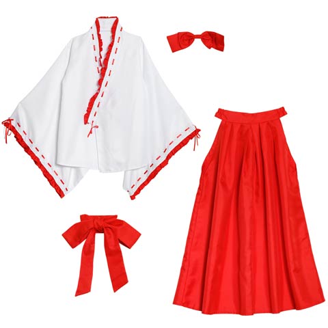 [4点SET]ガーリーフリル巫女コスチューム【2025ハロウィン/コスプレ】(ホワイト×レッド-Sサイズ)