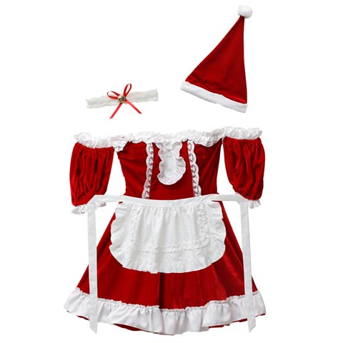 11/20新作!【4点SET】フリルガーリーメイド風オフショルサンタコス【2025サンタ/コスプレ】(レッド-Sサイズ)