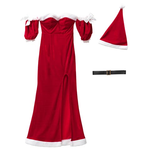 11/20新作!【3点SET】エレガントSEXYオフショルロングスリットサンタコス【2025サンタ/コスプレ】(レッド-Sサイズ)